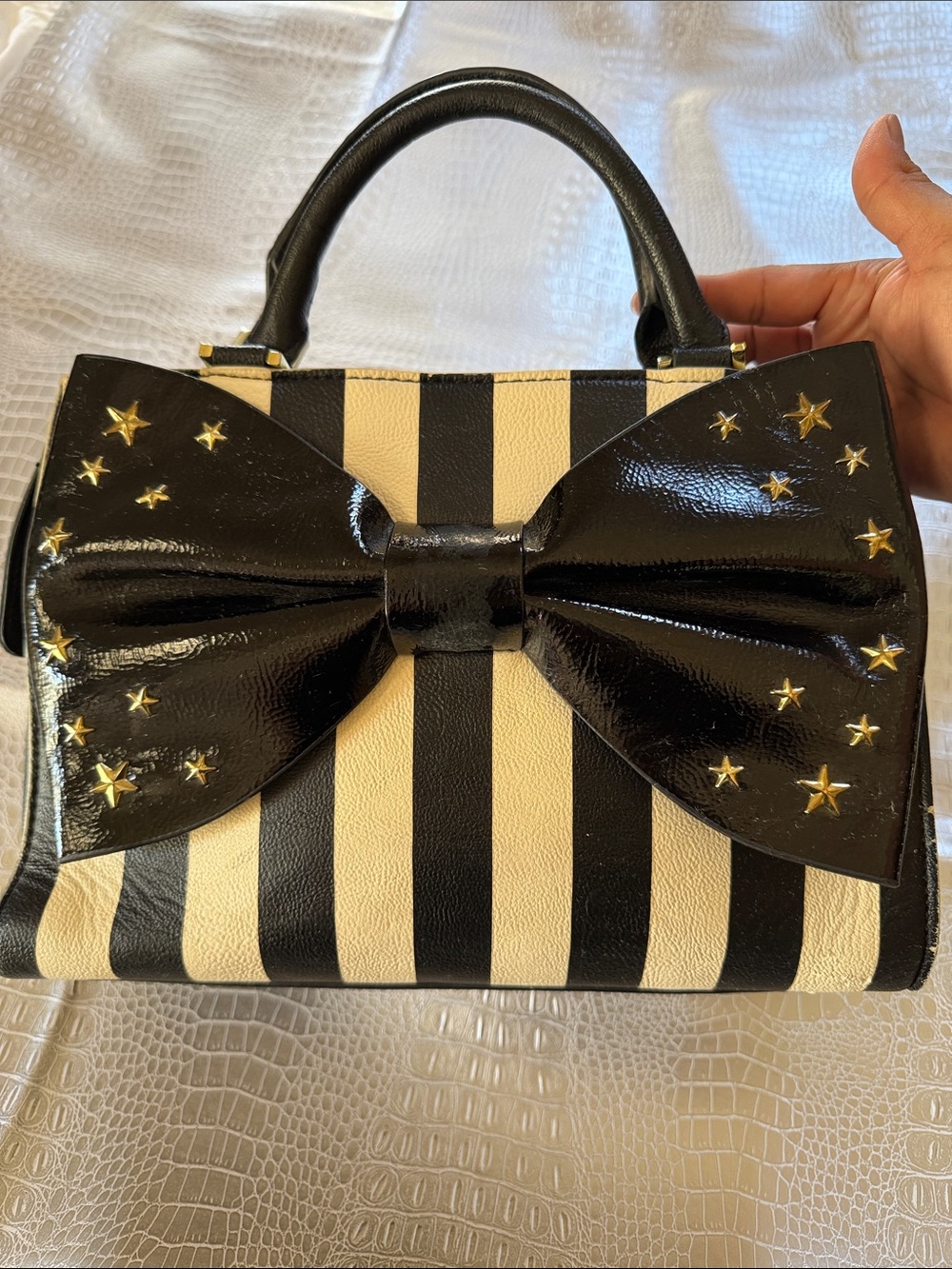 Betsey Johnson Chic Black & Cream Striped Top-Handle Bag with Bow Accent